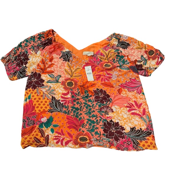 LOFT Women Medium‎ Coral Orange Pink Floral Tropical Vacation Summer Blouse Top - Picture 2 of 11
